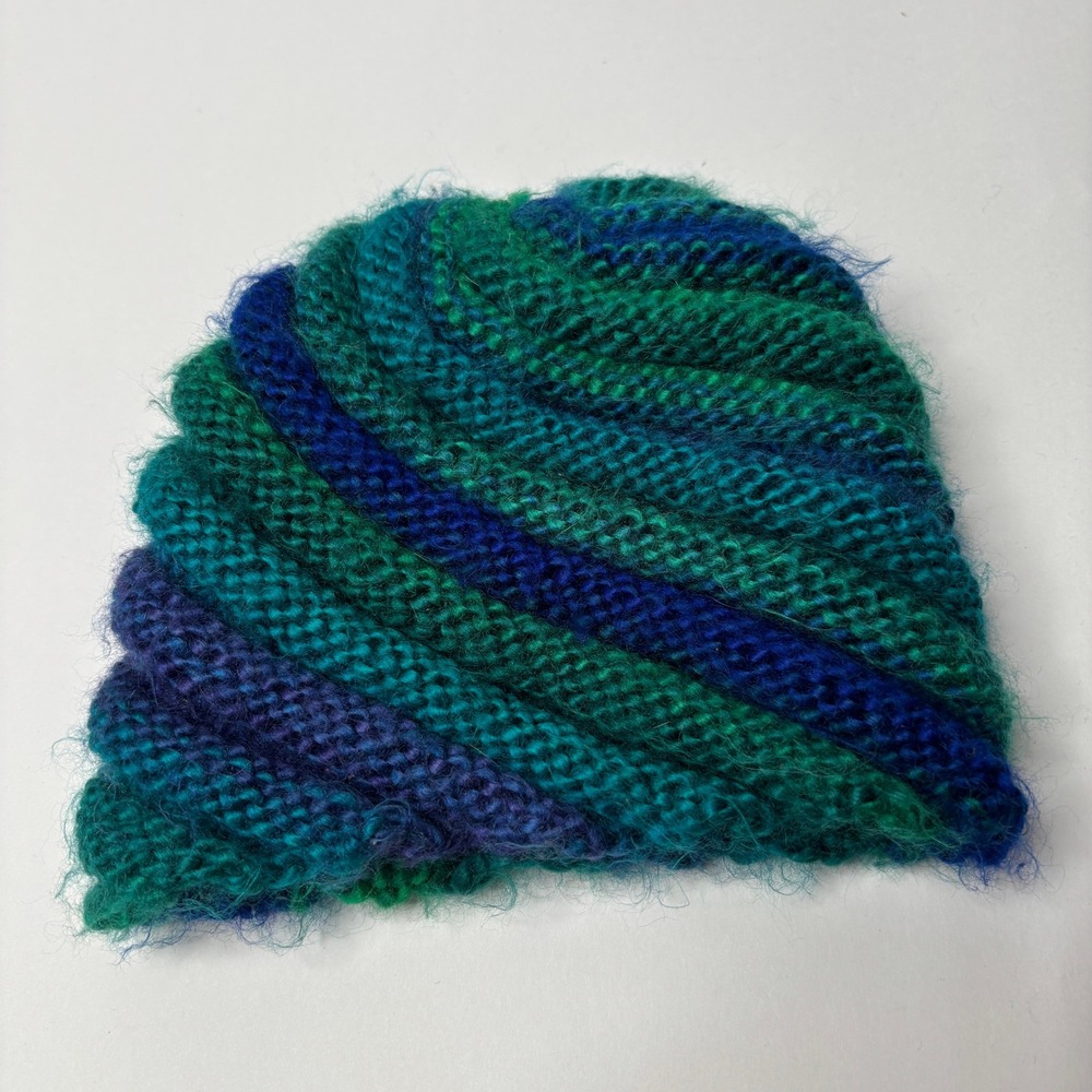 Handmade Knit Fuzzy Striped Beanie Hat Teal Blue Purple Boho Mermaid Core